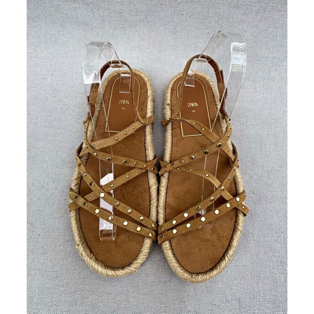 ZARA Brown Women’s Strappy Studded Buckle Flat Sandals EU Size 40